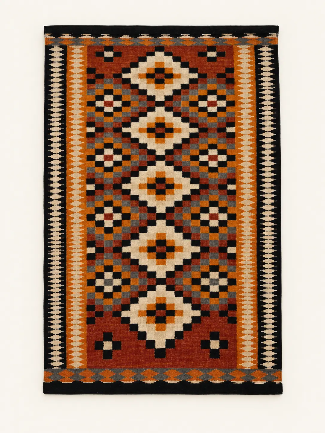 Flachgewebter Kelim mit geometrischem Muster in Orange, Rot, Schwarz und Beige