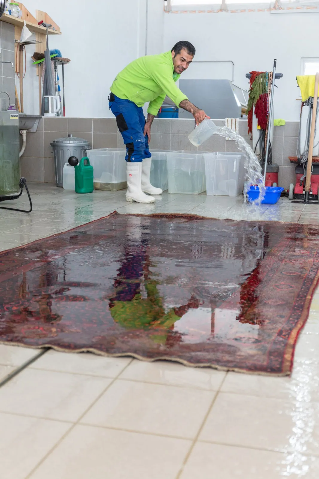 Klarspülung eines Perserteppichs mit gefiltertem Regenwasser